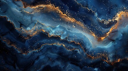A textured abstract background with a rich blue base, adorned with gold and fluid paint patterns, reflecting the elegance of natural minerals and seamless rainbow stone effects for artistic wallpaper