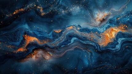 An artistic abstract background featuring deep blue and gold textures, with liquid paint and rainbow stone effects that create a seamless, luxurious wallpaper with a natural mineral feel