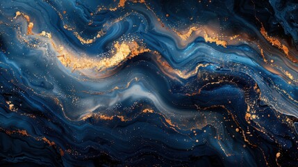 An artistic abstract background featuring deep blue and gold textures, with liquid paint and rainbow stone effects that create a seamless, luxurious wallpaper with a natural mineral feel