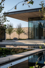 Fototapeta premium Modern Architectural Masterpiece with Expansive Glass Windows and Natural Material Facade