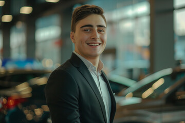 Successful Car Salesman Proudly Posing in Auto Gallery Surrounded by Luxury Vehicles