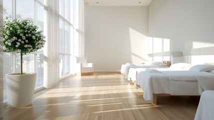 Fototapeta premium Modern 3D Hospital Ward with Neatly Arranged Beds and Serene Atmosphere