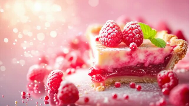 A close-up of a delicious raspberry tart topped with fresh raspberries and a mint garnish. The tart shows layers of creamy and berry filling, surrounded by a rim of buttery crust. The background is