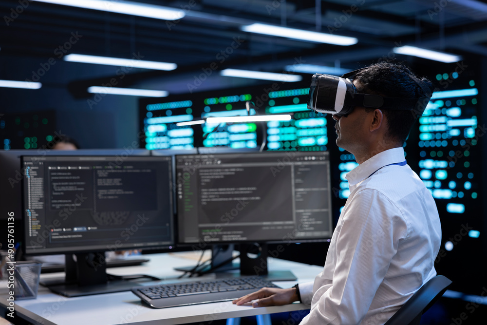 Poster developer immersed in virtual reality in server hub, doing units maintenance. technician using vr he