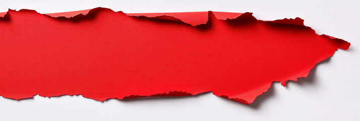 Red banner with a torn edge isolated on a white background, paper cutout, paper texture, large area of blank space in the middle of ripped paper.