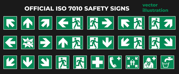 Official ISO 7010 safety signs vector drawings.Green emergency exit symbols.