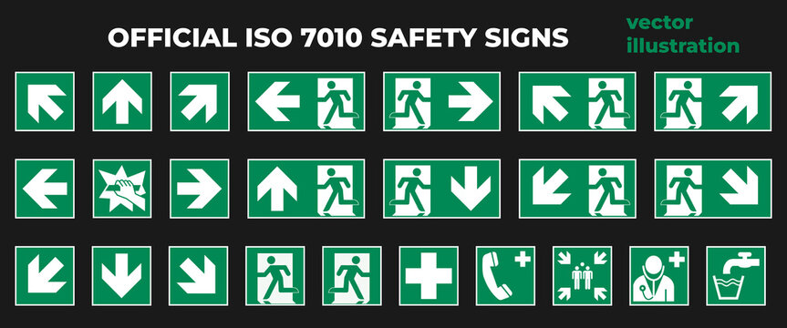 Official ISO 7010 safety signs vector drawings.Green emergency exit symbols.