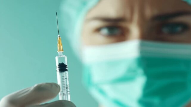 Closeup of Doctor's Masked Face Holding a Syringe. Medical Professional Preparing for Injection 