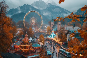 Obraz premium Colorful Autumn Festival With Ferris Wheel and Carnival Rides Amidst Mountain Landscape