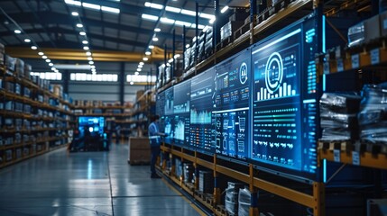 Warehouse Interior with Digital Screens Displaying Data and Statistics