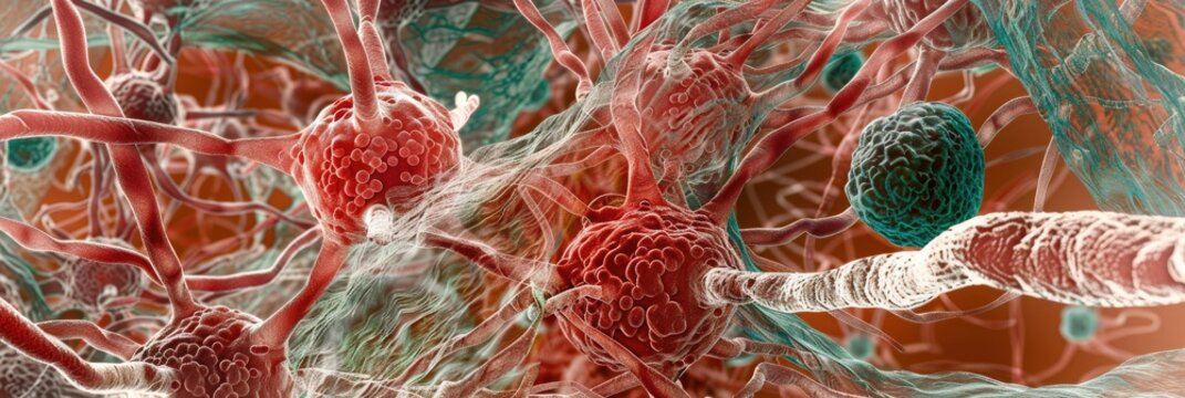 Microfilaments mitochondria and nuclei within a fibroblast cell