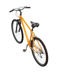 Orange bicycle, side top view. Black leather saddle and handles. Png clipart isolated on transparent background
