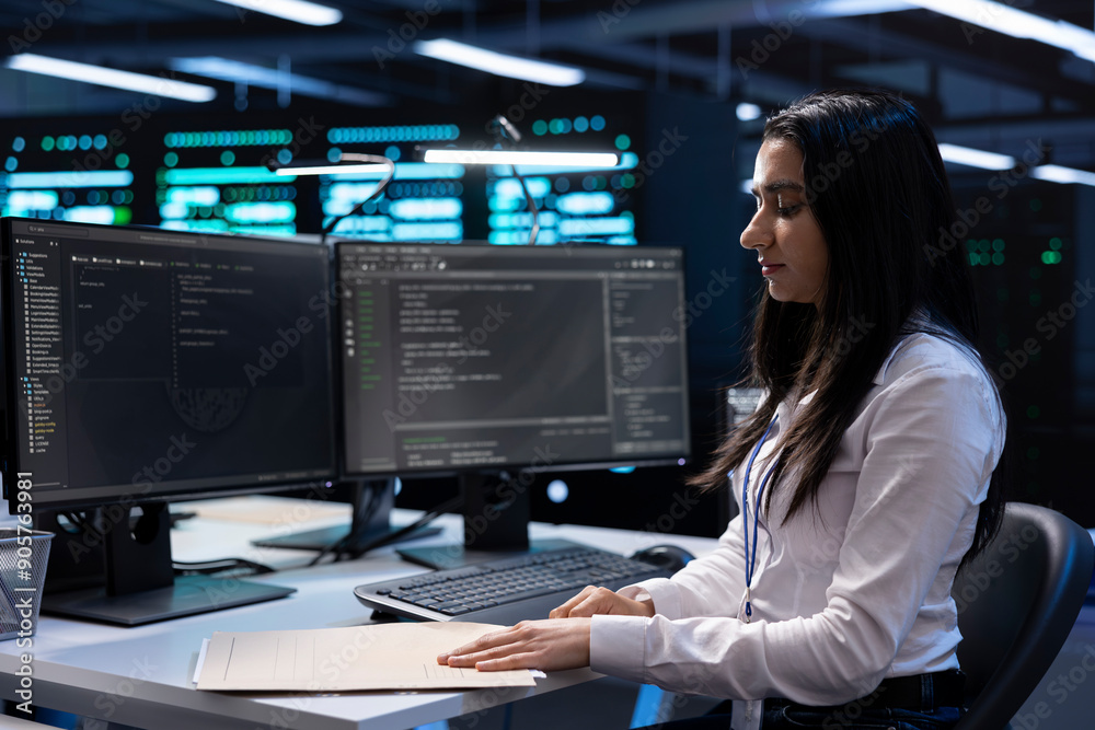 Poster data center manager checking emergency procedures documents to ensure company continuity in case of 