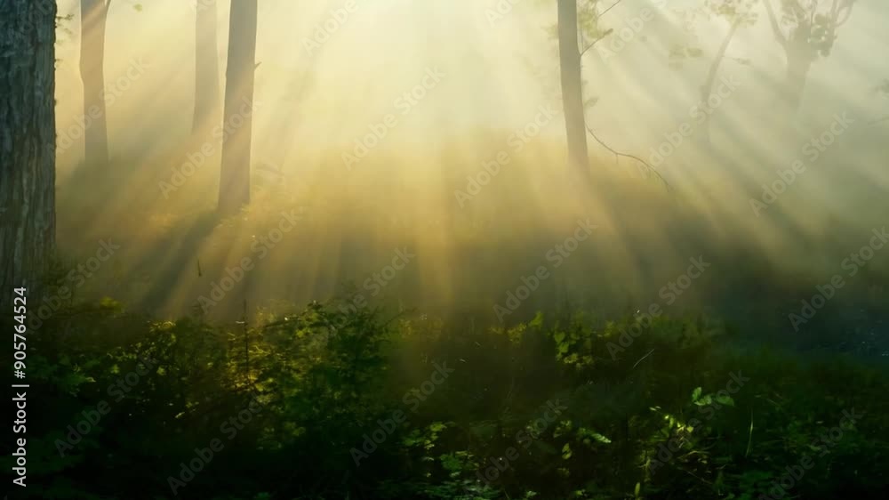 Poster Sunlight breaks through fog in a tranquil forest, illuminating the ground and creating a serene atmosphere in the early morning hours.