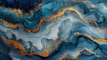 Fototapeta premium A stylish blue marble background with abstract gold watercolor patterns, blending gray, white, and dark green into a fluid ink gradient effect, perfect for creating a luxury and artistic wall design