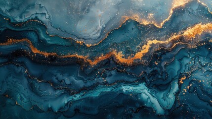 Fototapeta premium A luxurious abstract blue marble texture featuring gold watercolor effects, with gray, white, and dark green shades merging into a fluid ink gradient, ideal for sophisticated and modern design