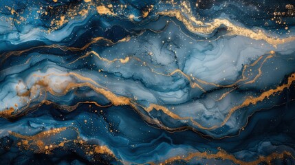 Fototapeta premium A vibrant blue marble background with abstract gold watercolor patterns, blending gray, white, and dark green hues into a luxurious and fluid ink gradient effect on a modern canvas