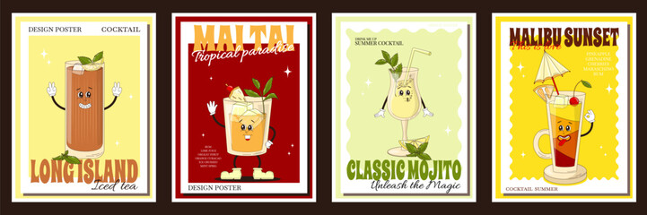 A set of vector posters with fun cocktails in retro style. Summer Martini cocktails, iced tea, mai tai, malibu.Vector illustration
