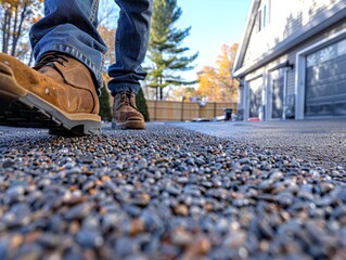 A close-up view of boots walking on a gravel surface, capturing the essence of outdoor exploration and rugged terrain.