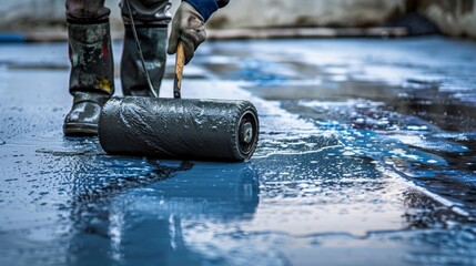 A worker applying blue paint on a surface using a roller, showcasing the process of creating a smooth finish in construction.