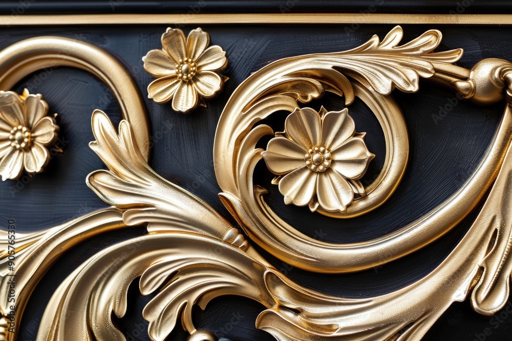 Poster a detailed view of a golden decorative element on a dark background, suitable for use in luxury or e