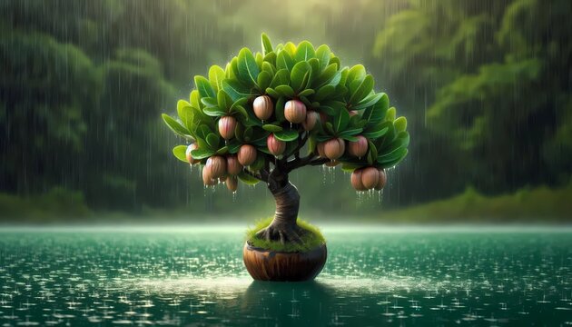 A close up of a Anacardo tree  ( Anacardium occidentale ) on a green lagun background whit rain, Created with generative A.I.
