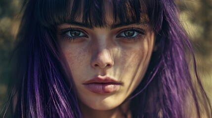 A Spanish model gazes intensely at the camera, showcasing her black eyes and vibrant purple hair in natural light.
