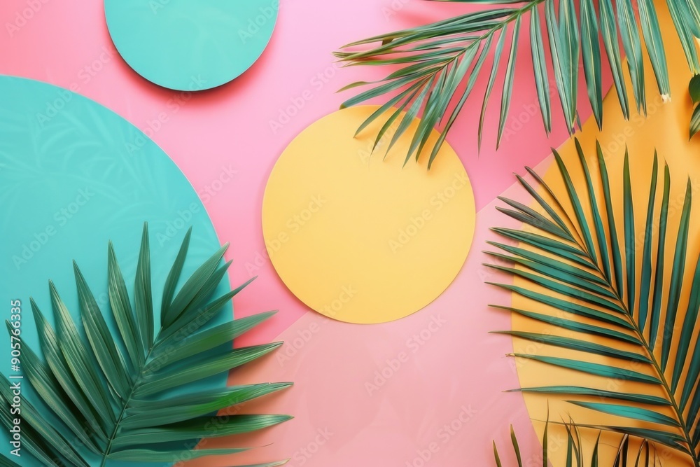 Poster A colorful background featuring palm leaves and circles, ideal for use in design projects or as a creative backdrop