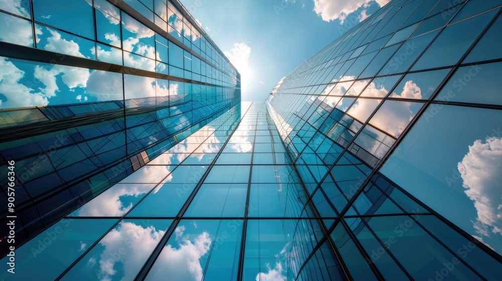 Poster A modern high-rise building with numerous windows and a sleek design, ideal for use in illustrations about architecture, cityscapes or corporate settings