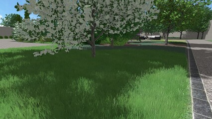 Obraz premium 3d image of the landscape design of the home territory. Landscaping of the territory. Computer visualization of composite landscaping and landscaping solutions.