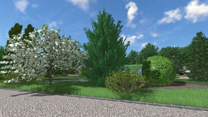 3d image of the landscape design of the home territory. Landscaping of the territory. Computer visualization of composite landscaping and landscaping solutions.