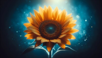 sunflower on blue background, a closeup of a sunflower on a blurred blue background, healthy food, agriculture, image created with Generative A.I.