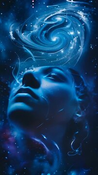 Woman's face immersed in a cosmic dreamscape, symbolizing imagination and the vast universe, perfect for themes of spirituality, science fiction, and creative thinking, vertical video
