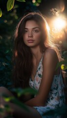 Naklejka premium A woman with long hair sits peacefully in a garden, illuminated by the warm glow of the setting sun, surrounded by lush greenery.