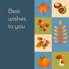 Best wishes to you - Schriftzug in englischer Sprache - Beste Wünsche für dich. Quadratische Karte mit Kürbis, Ahornblatt, Kastanien, Eicheln, Beeren und Pilzen. © Artlanes