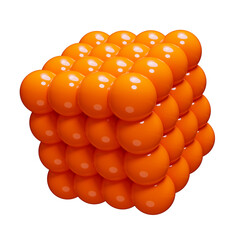 Orange cube made of many spheres. Abstract geometric shape made of red-orange plastic with a glossy surface on a transparent background.