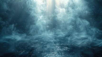 Obraz premium A chilling background featuring a black floor shrouded in dense fog and smoke, creating a dramatic and eerie effect. Includes dark mist and steam for a haunting horror-themed overlay