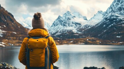 Woman hiker with backpack admiring mountain view.