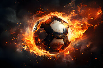 Naklejka premium Burning soccer ball flying into the goal surrounded