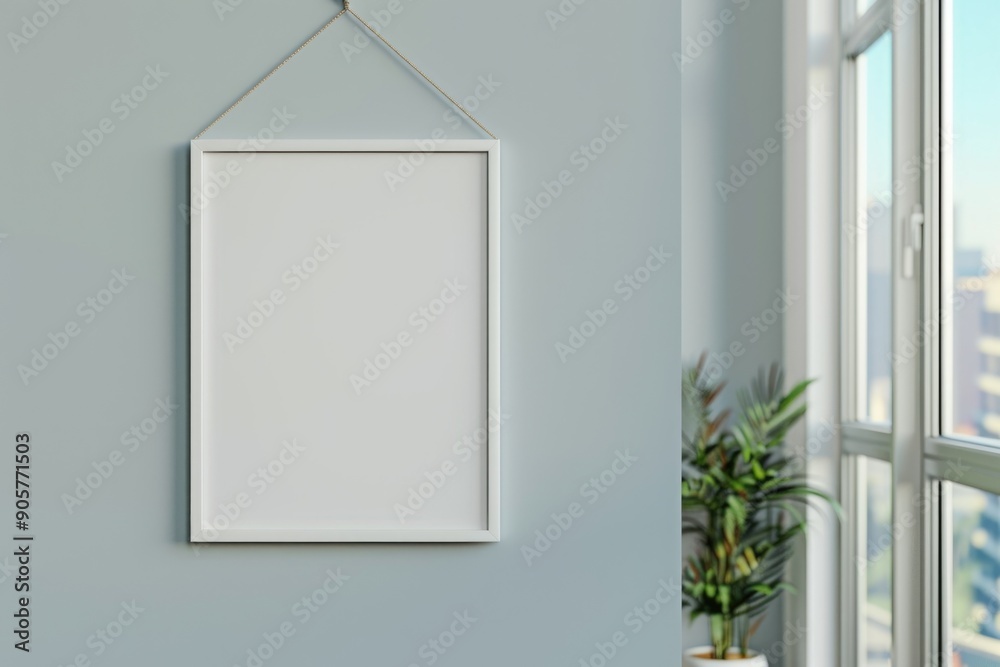 Poster a decorative frame hangs on the wall beside a window, providing a glimpse into what's outside