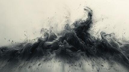 A striking abstract background with black charcoal powder exploding into a cloud of dust and paint splatter on a white canvas. Includes intense carbon particle effects and dark, smoky patterns for a