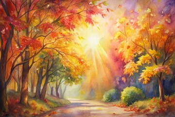 Golden hour sunbeams through autumn leaves in a forest path