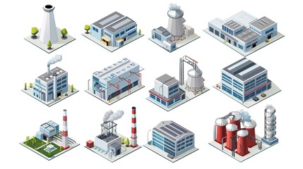 Factory isometric. Concept of industrial working plants with chimney tower. Industrial buldings. 3d isolated icons set. flat style 
