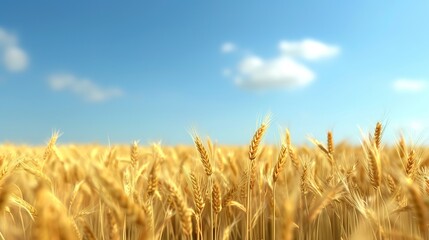 Fototapeta premium Sunlit Golden Wheat Fields: Tranquil 3D Render of Rural Pastoral Scene Under Blue Sky