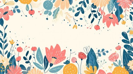 Vertical floral pattern with various hand drawn elements including doodles spots stripes leaves fruits and empty space