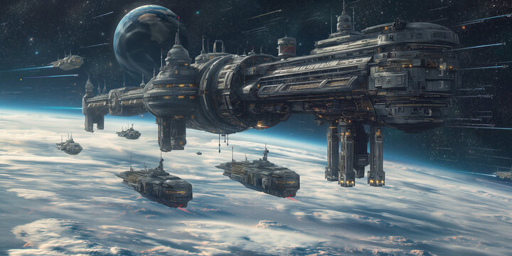 Vector illustration of huge space ship over eath