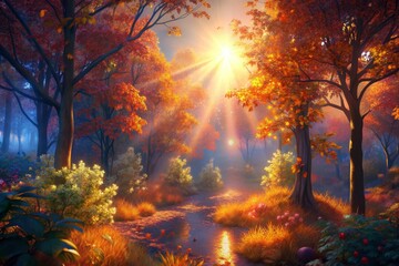 Golden rays of autumn sunlight through a misty forest