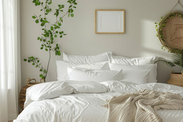 Minimalist bedroom with white bedding, plants and natural light from a window