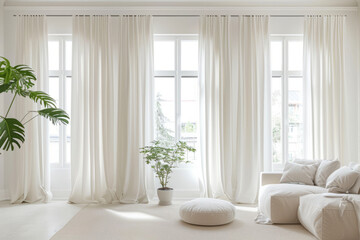 Fototapeta premium Bright white living room with a chair, curtains, a large window and a potted plant
