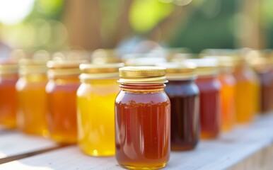 Variety of Honey Jars Displayed in Bright Outdoor Market During Sunset
